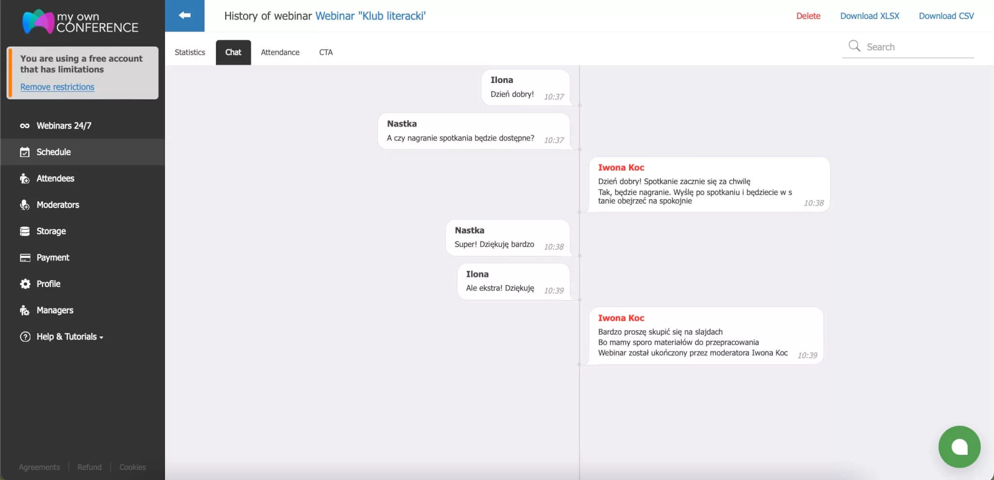 A webinar chat window with a history of attendee messages during an online event