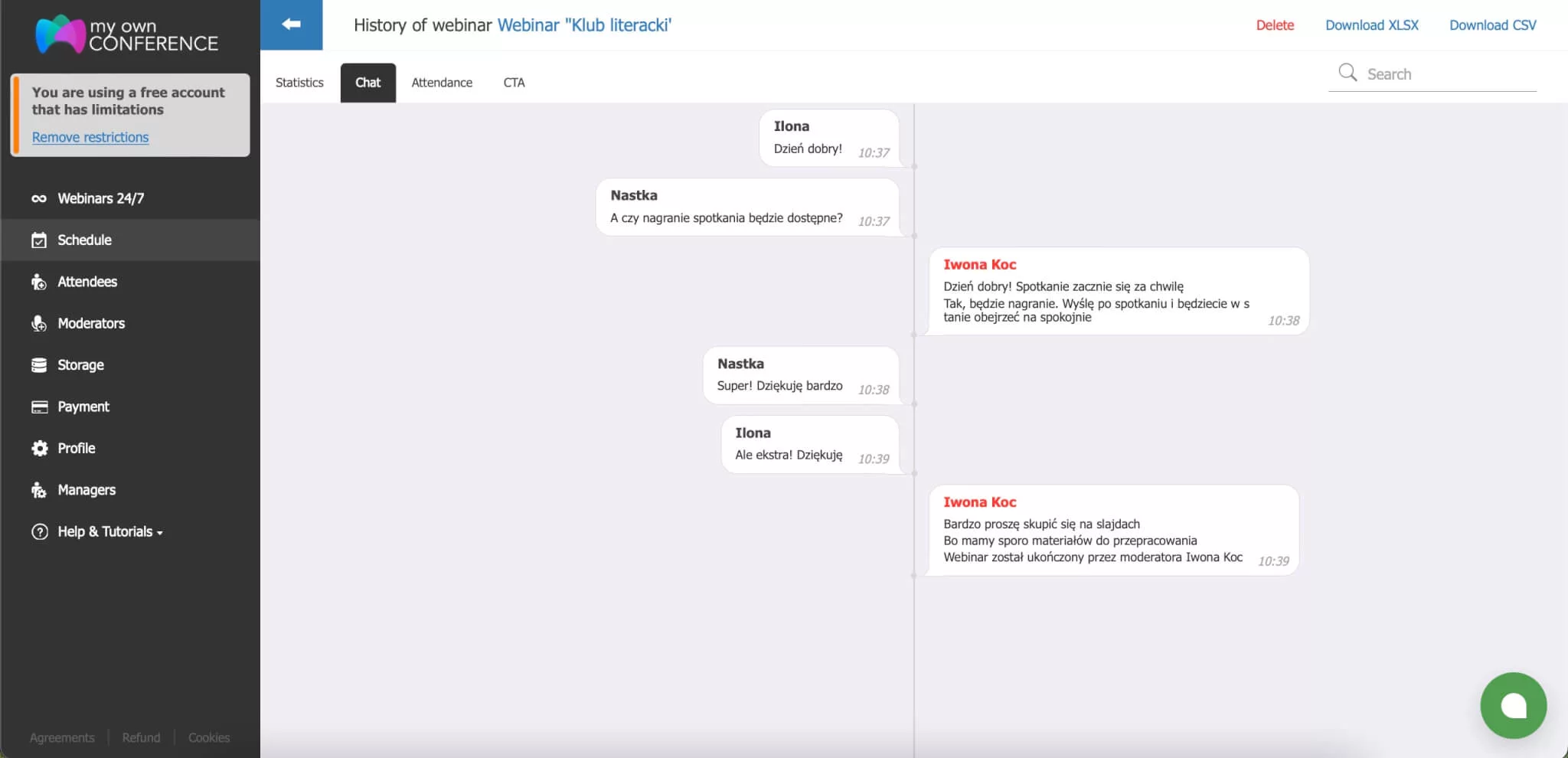 Screenshot of a webinar chat window with a history of attendee messages during an online event