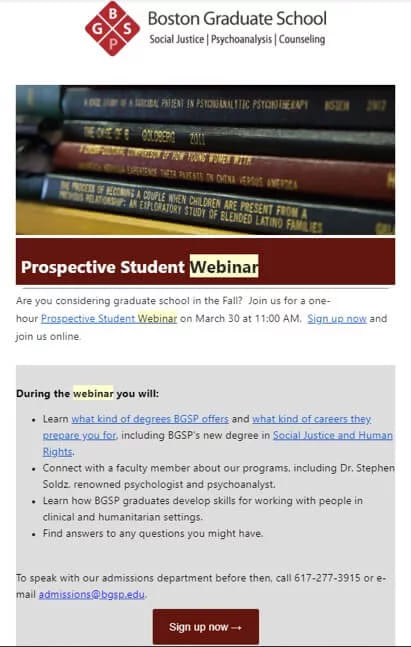 A college admissions webinar invitation with a burgundy header and a sign-up button in the same shade