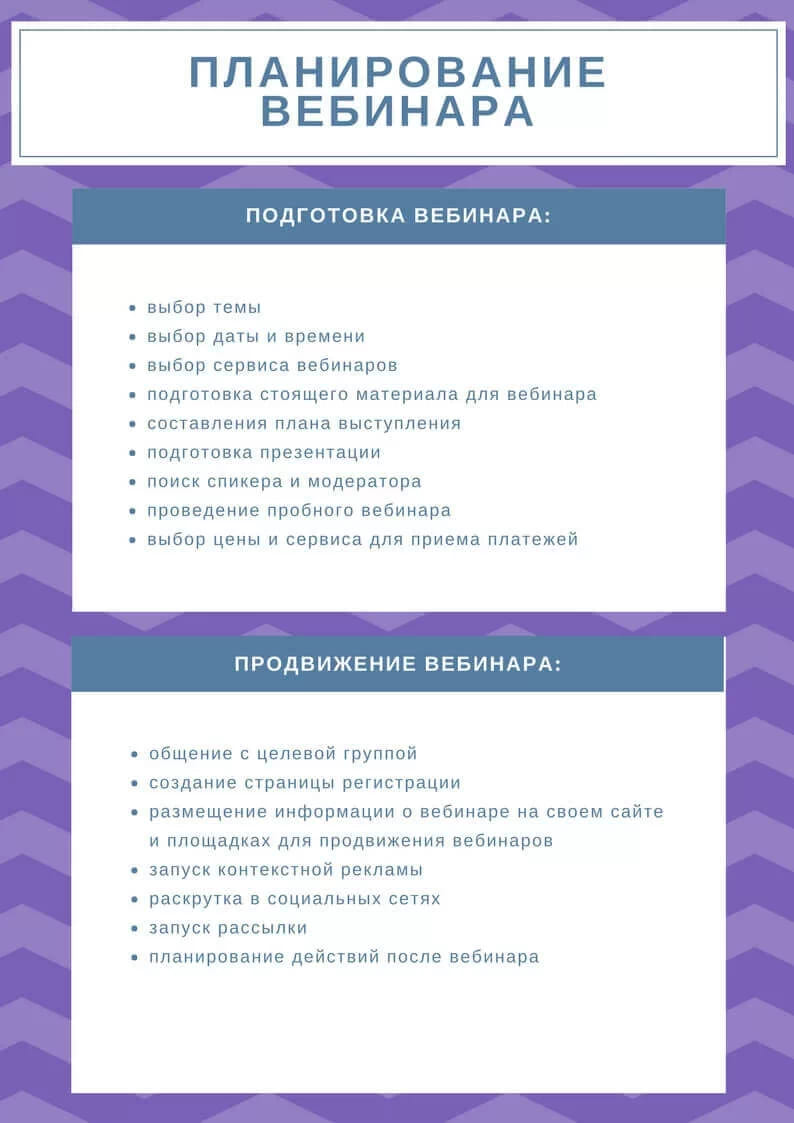Памятка по планированию вебинара из двух списков, подготовка и продвижение, на фиолетовом фоне
