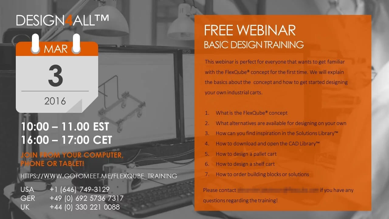 A FlexQube Design4All banner for a free basic design training webinar on March 3, 2016, from 10:00 to 11:00 EST, with dial-in numbers and a list of seven topics
