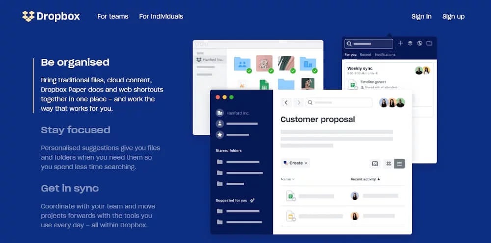 The Dropbox page listing organising, focus and syncing benefits beside overlapping folder and document windows