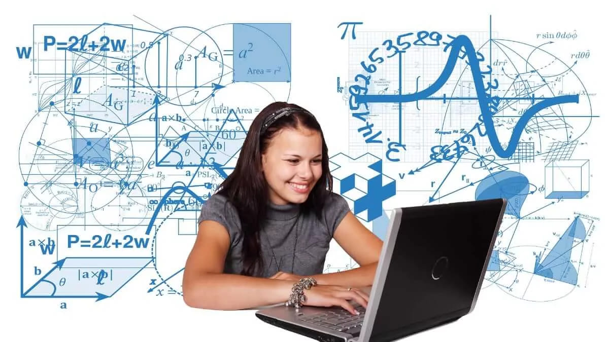 A smiling student at a laptop surrounded by blue mathematical formulas and geometry diagrams