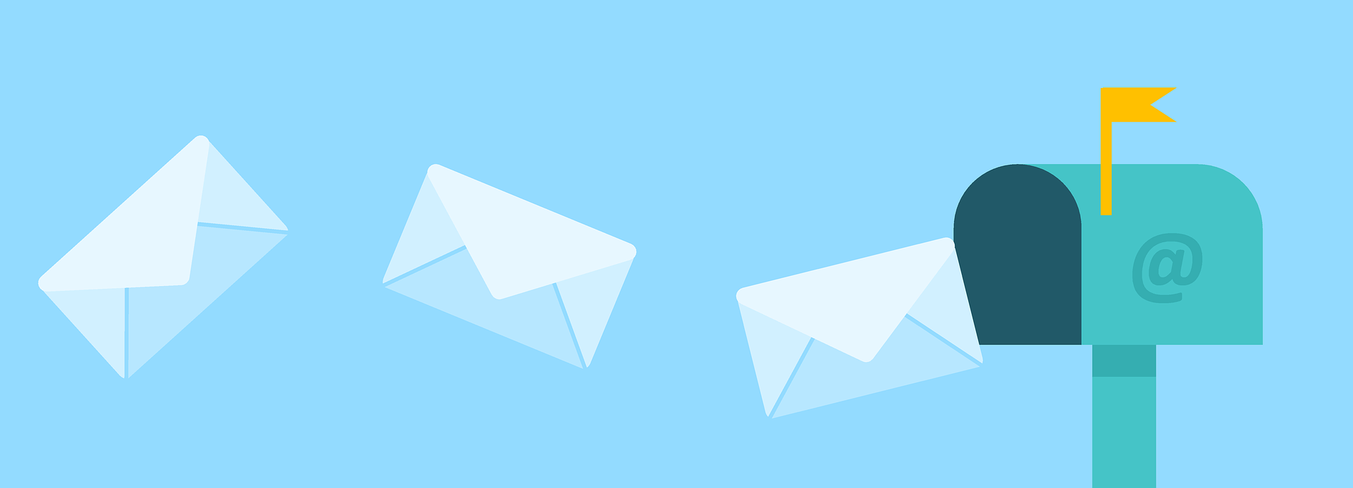 A flat illustration of envelopes flying into a postbox marked with an at sign