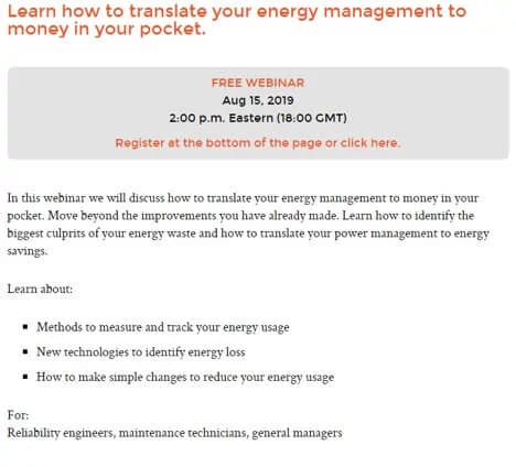 A minimalist energy management invitation with the words Free Webinar and two orange call-to-action buttons
