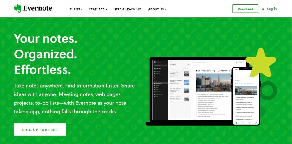The Evernote home page with a green hero and mockups of a trip note open on a laptop and a phone