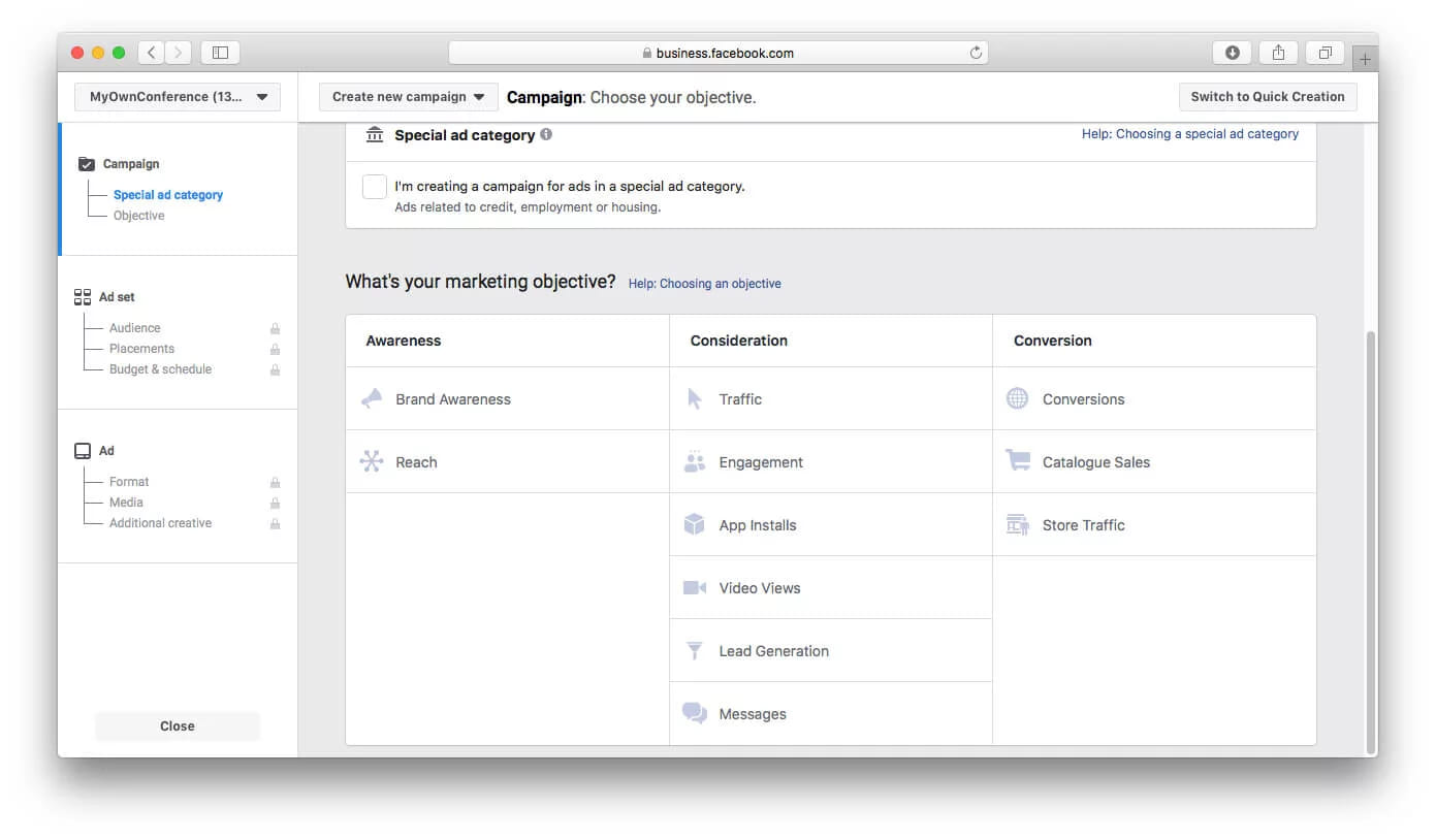 The Facebook Ads Manager screen for choosing a campaign objective