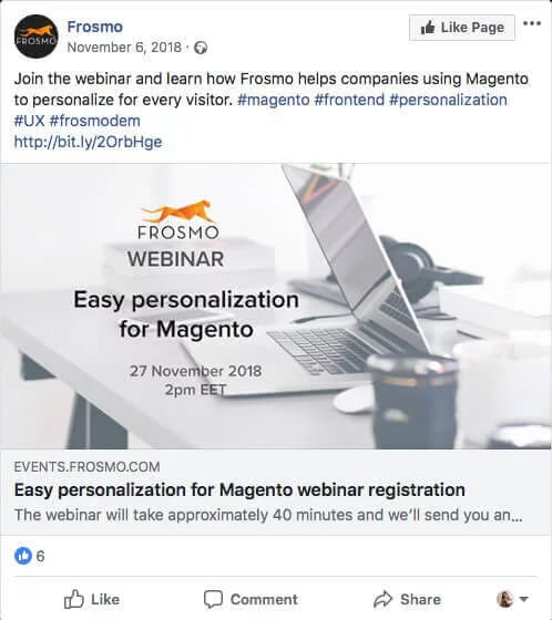 A Facebook page post promoting a webinar, with a banner carrying its title, date and time above a registration link