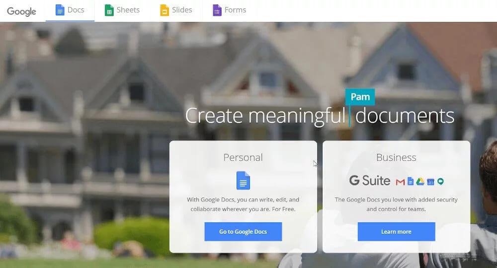 The Google Docs landing page with a collaborator cursor in the headline and separate personal and business cards