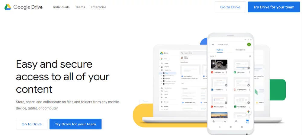 The Google Drive page promising secure access to files beside mockups of Drive on a laptop and a phone