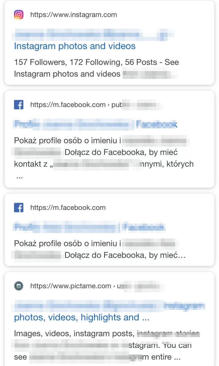 Lista wyników wyszukiwania z profilami na Instagramie, Facebooku i Pictame dla osób o tym samym imieniu i nazwisku, z rozmytymi nazwiskami