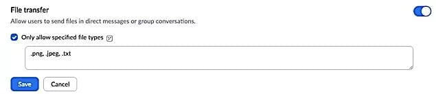 A file transfer setting restricted to a short list of allowed file types