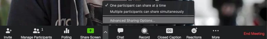 A screen sharing menu set so that only one participant can share at a time