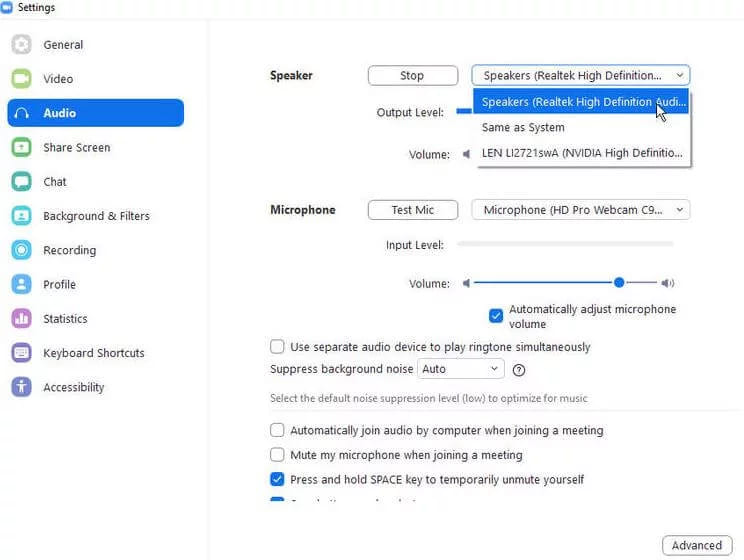 The audio settings panel with the speaker device list open above the microphone and volume controls