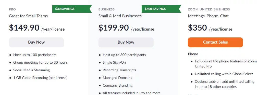 The Zoom pricing page with the Pro, Business and Zoom United Business plans and their yearly prices