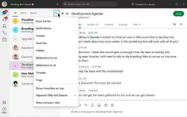 A team messaging app with the list filter menu open on notification, mention and thread options