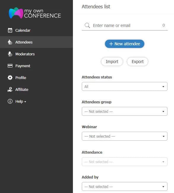The MyOwnConference attendees list with a search field, an add button and filters for status, group and attendance