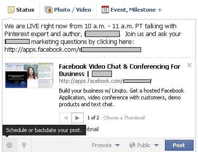 A Facebook post composer with a public status announcing a live session and a link preview to it
