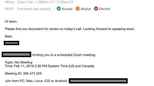 An email meeting invitation with RSVP buttons and the topic, time and meeting ID below