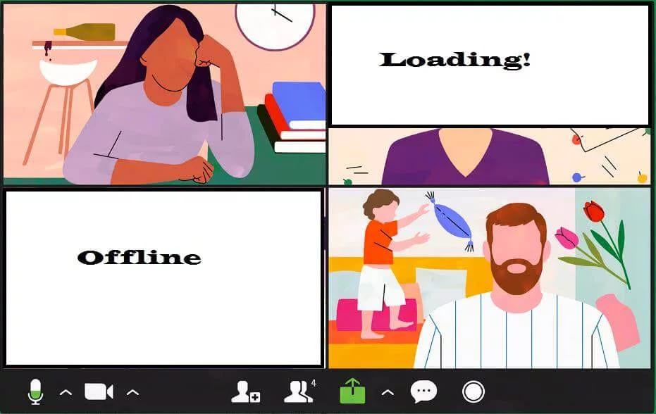 An illustrated video call grid of four participants, one tile still loading and another offline