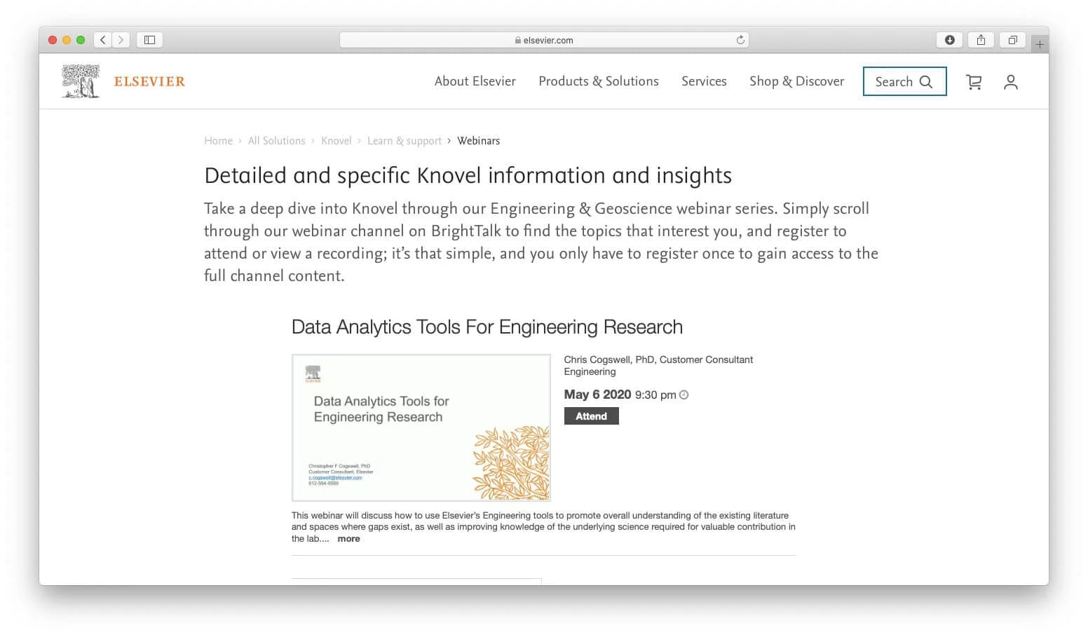 The Elsevier page listing its Knovel webinar series with a registration link