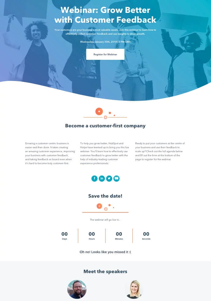 A webinar registration page with a header image, a countdown to the start and the speakers below