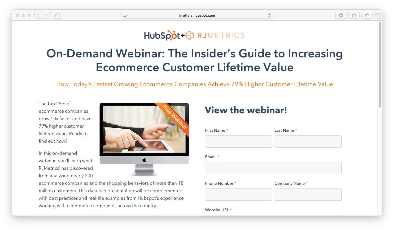 An on-demand webinar page with the description on the left and a registration form on the right