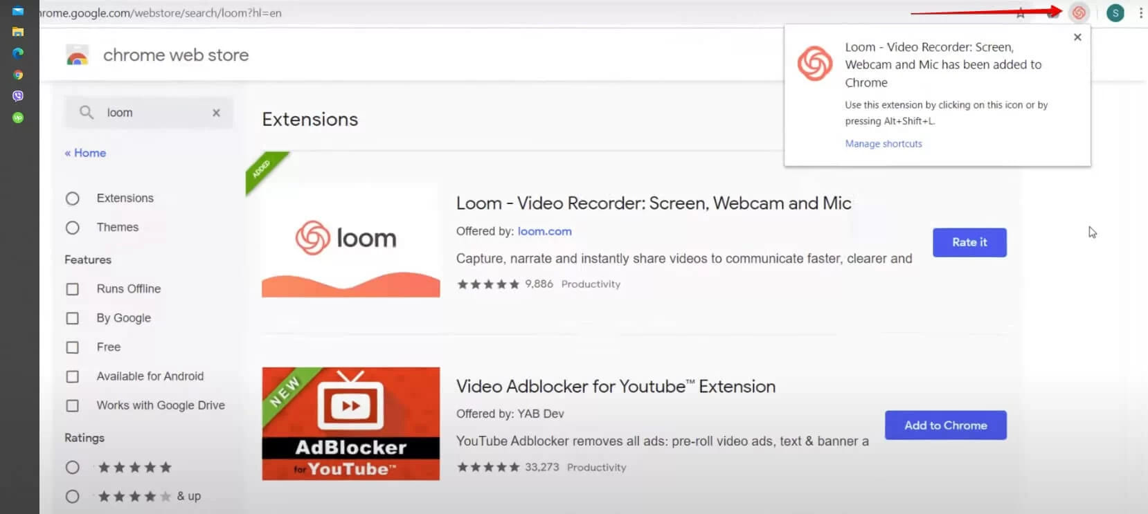 Страница Chrome Web Store с расширением Loom и уведомлением о его установке