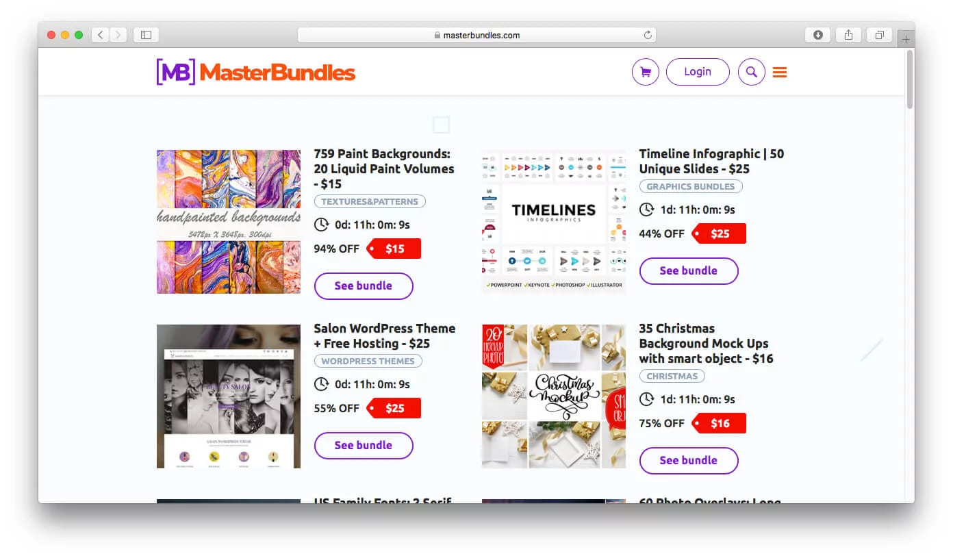 A design marketplace listing template bundles with prices, discount badges and countdown timers