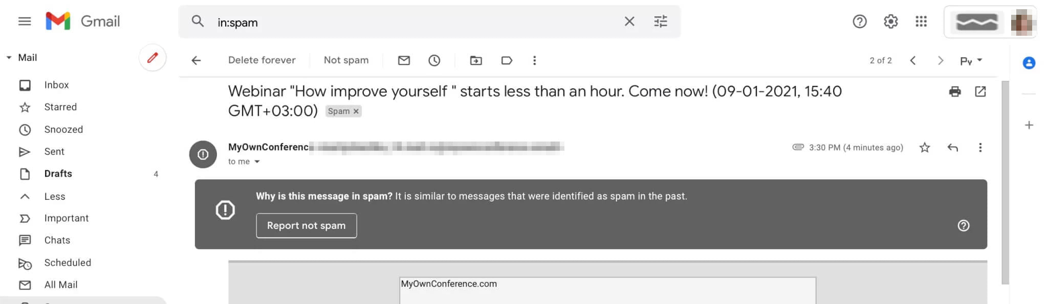 A MyOwnConference webinar reminder in the Gmail Spam folder with the warning Why is this message in spam and a Report not spam button