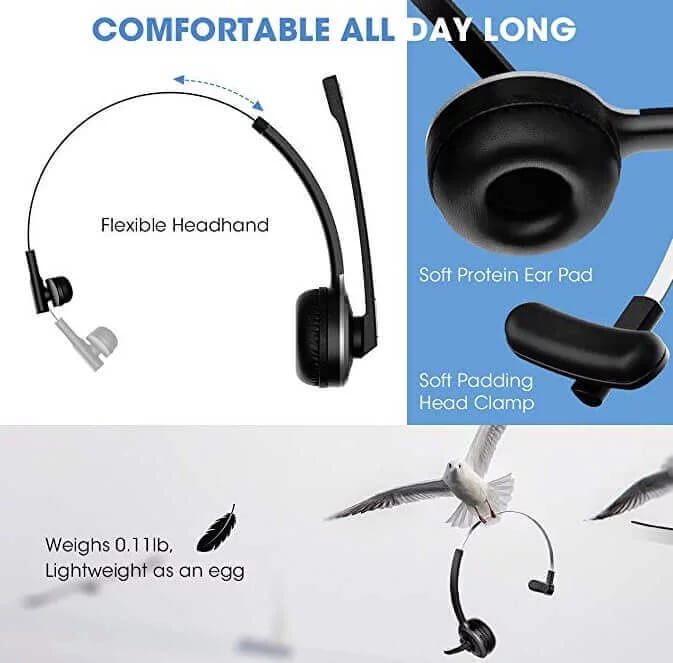 A product collage for a headset showing its headband, ear pad and weight