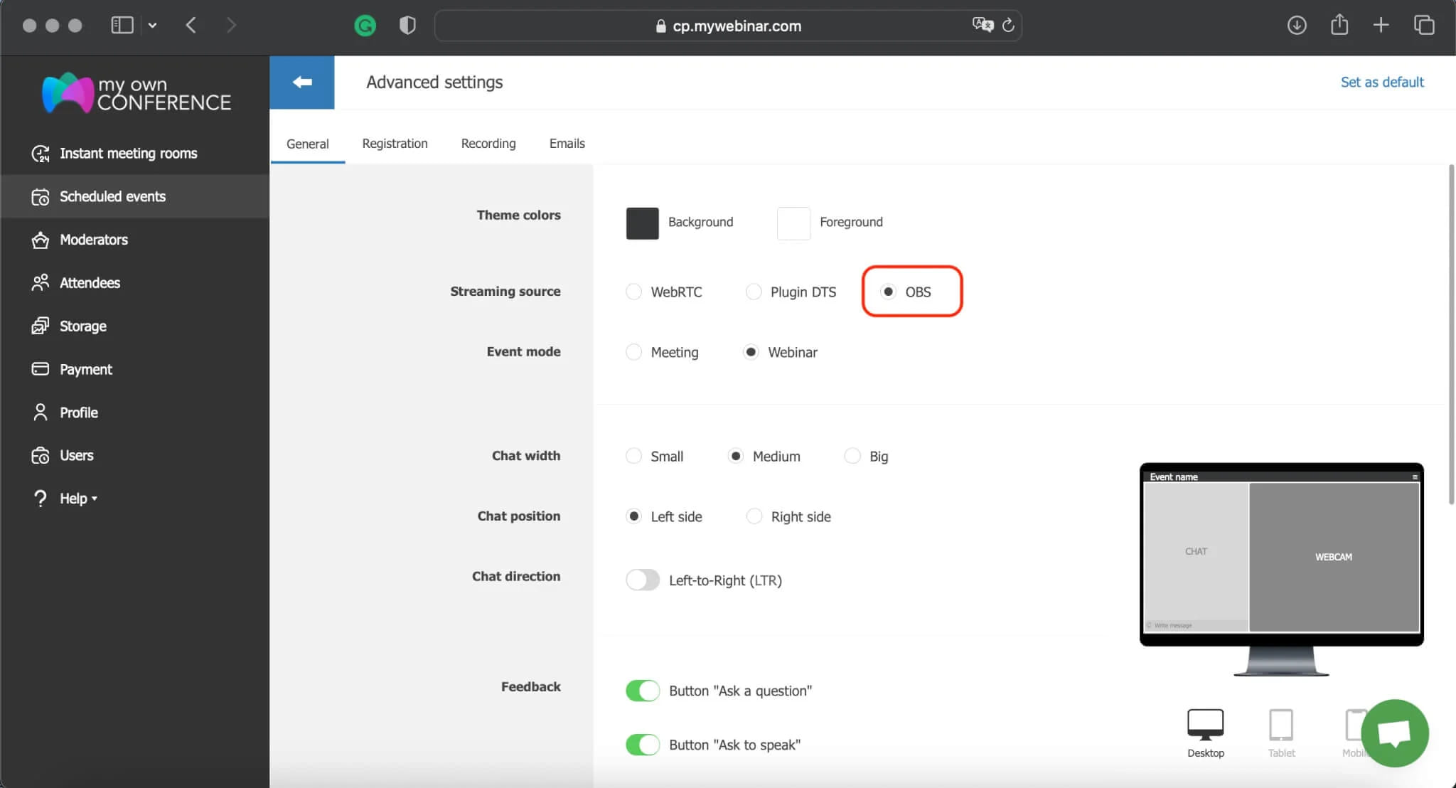 Webinar layout preview before going live