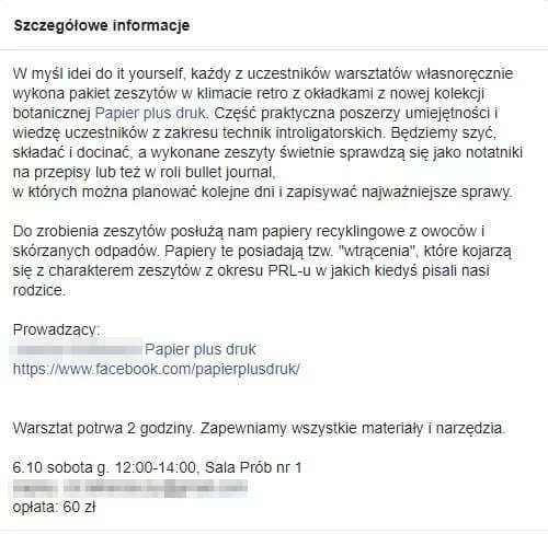 Pole «Szczegółowe informacje» wydarzenia z opisem warsztatów robienia zeszytów, terminem 6.10 od 12:00 do 14:00 i opłatą 60 zł