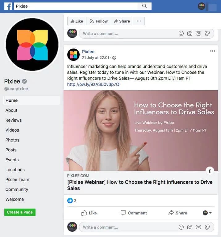 A Facebook page post announcing a webinar about choosing the right influencers
