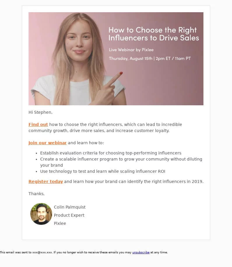 An invitation email with a webinar banner and a bulleted agenda