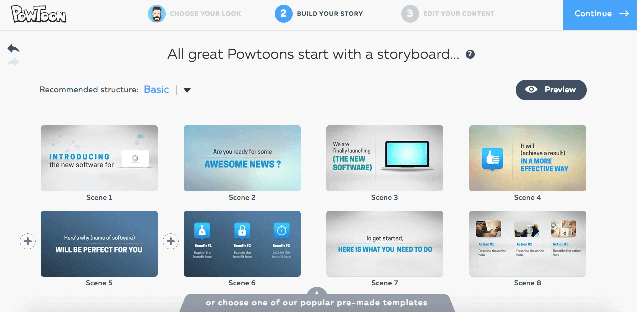 The PowToon storyboard step with eight ready-made scenes laid out for a software launch story