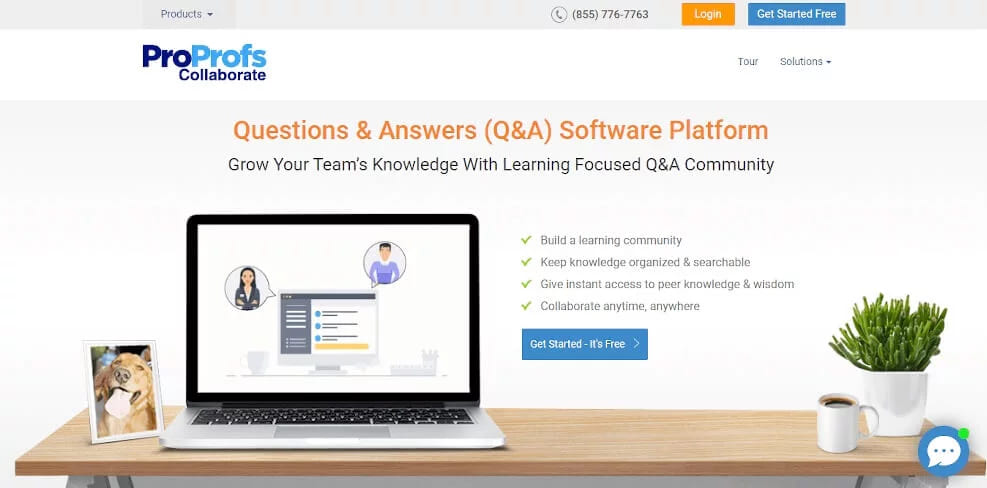 The ProProfs Collaborate page presenting a question and answer platform with a feature checklist beside a laptop