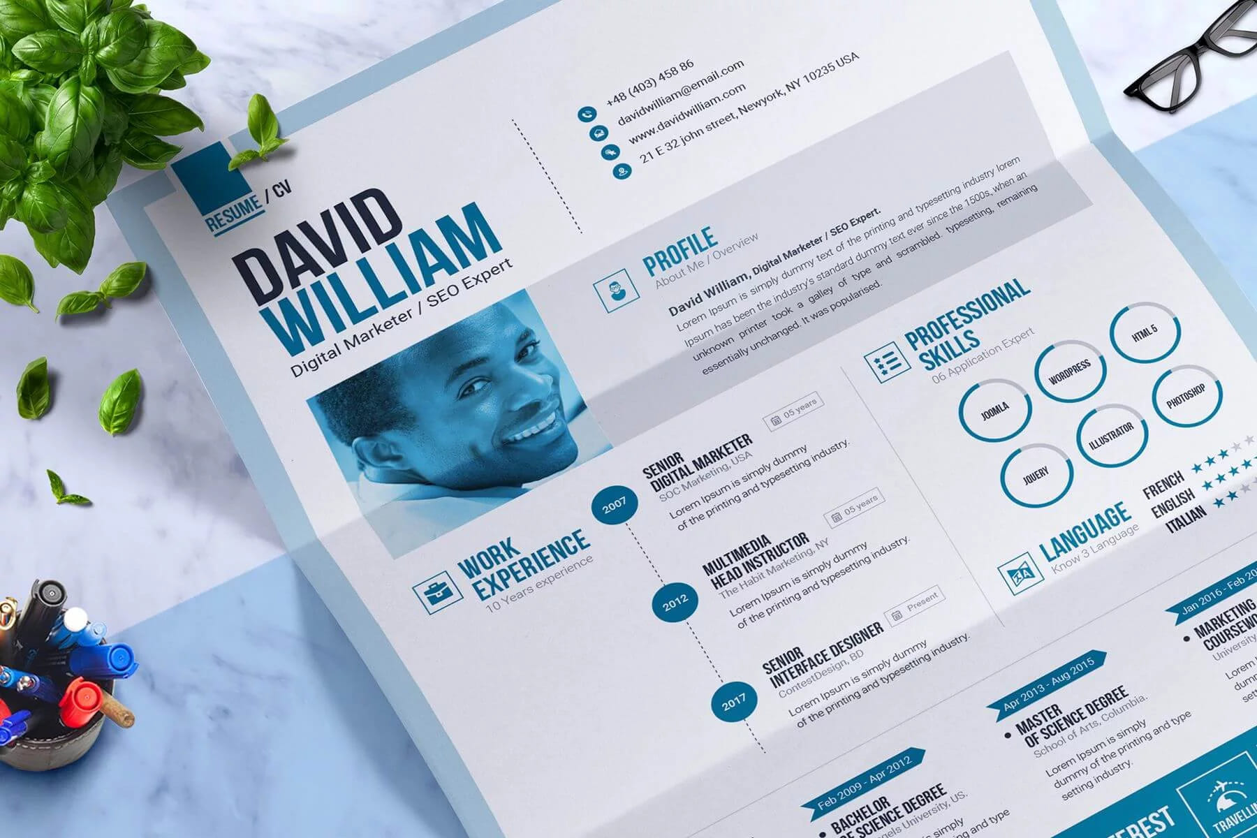 A printed CV template on a desk, with a profile, a work experience timeline and a skills chart