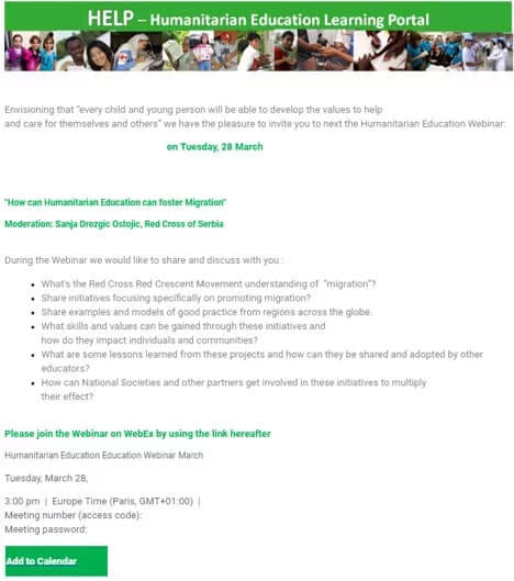A Red Cross webinar invitation with the join link, access codes and an Add to Calendar button