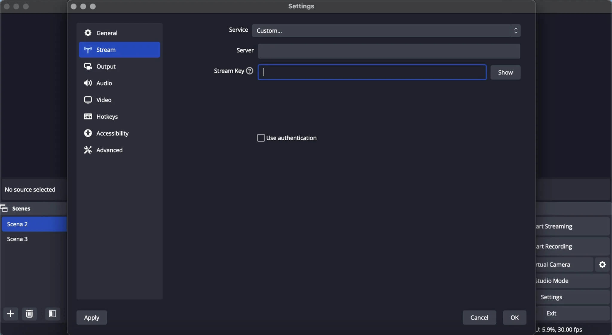 Server and stream key in OBS