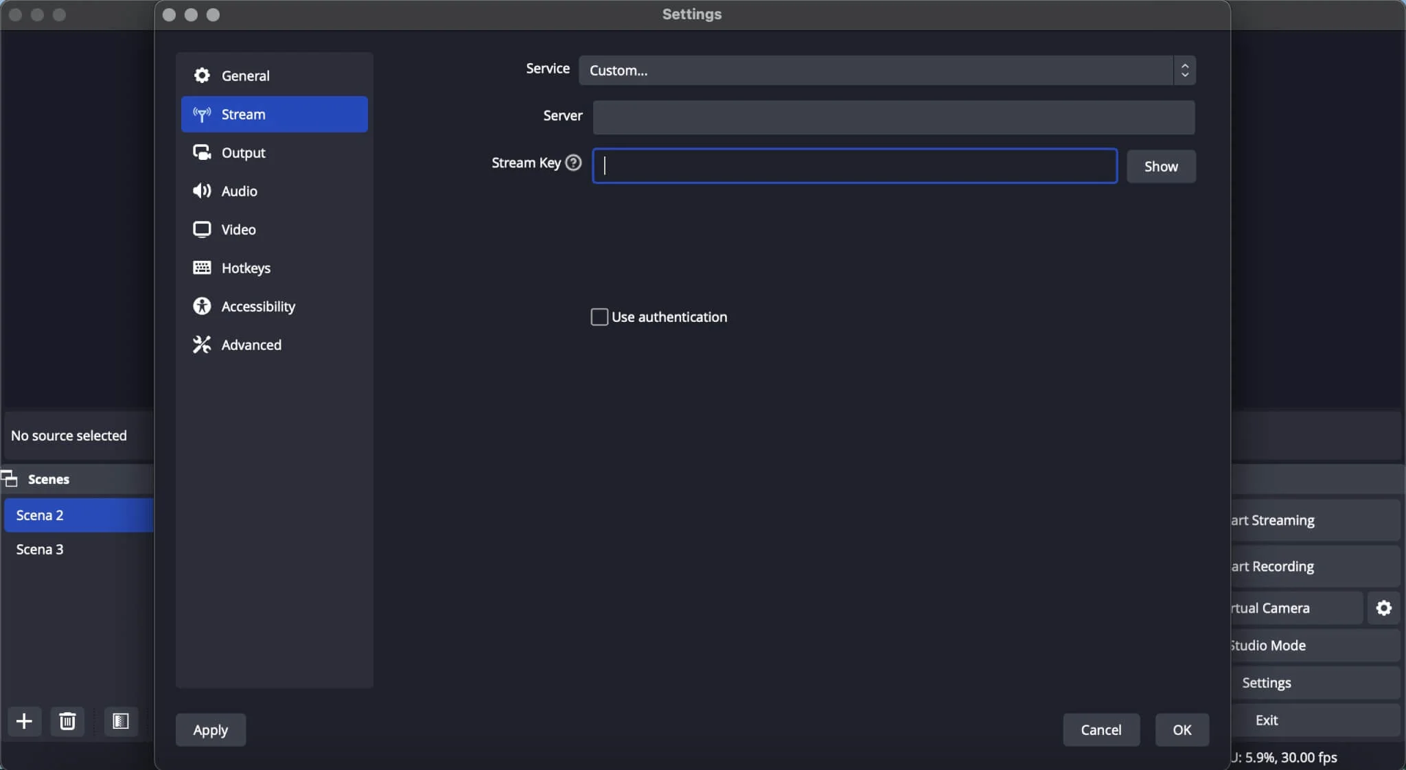 Server and stream key in OBS