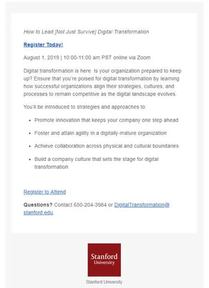 A Stanford webinar invitation email with the free session named in the heading and two Register buttons