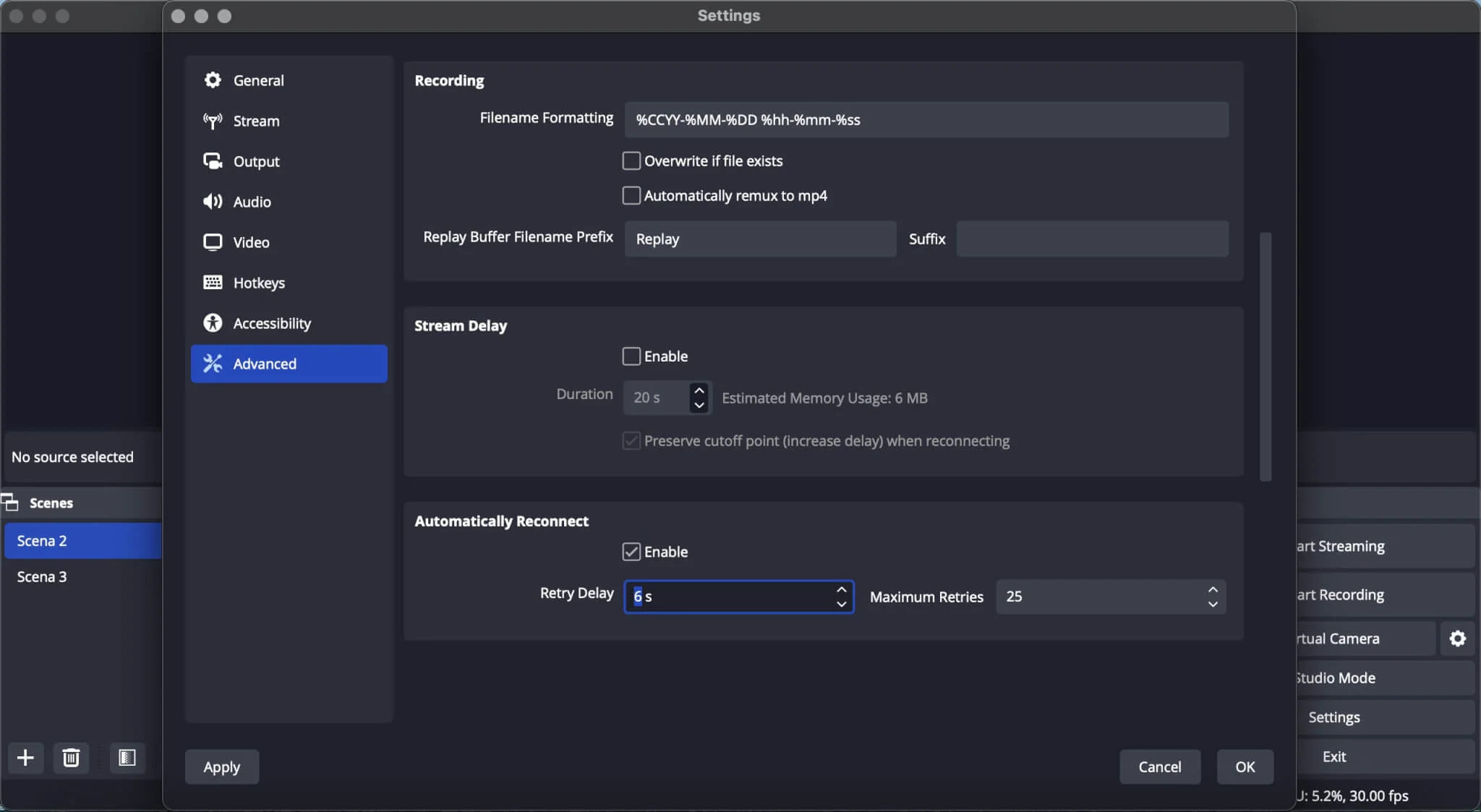 The Advanced page of the OBS Studio settings, with the Stream Delay block switched off and its Duration greyed out at 20 s