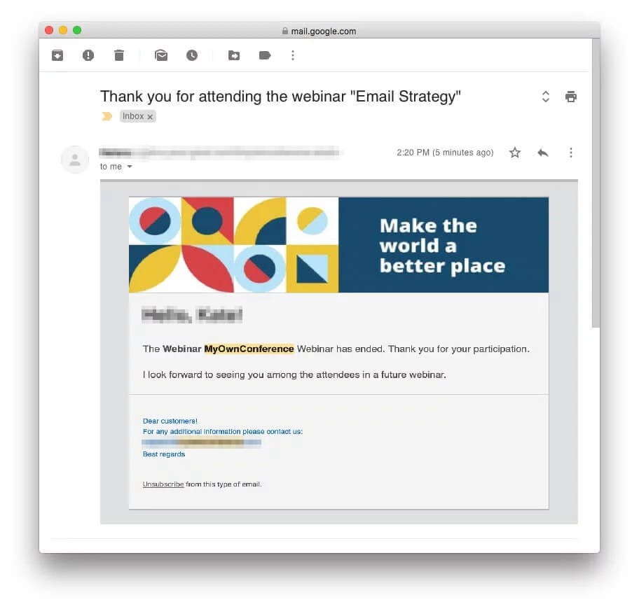 A MyOwnConference email in Gmail with the subject Thank you for attending the webinar Email Strategy, a Make the world a better place banner and a note that the webinar has ended