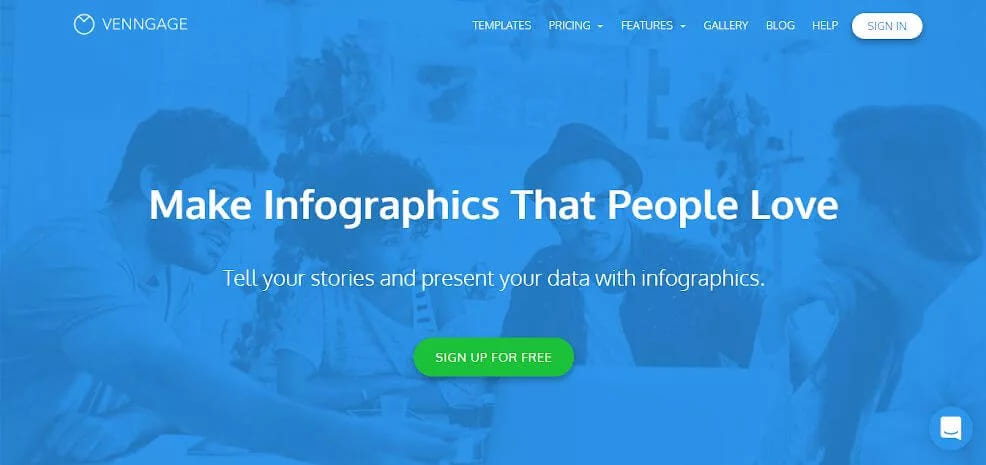 The Venngage home page with an infographics headline and a sign-up button over a blue-tinted team photo