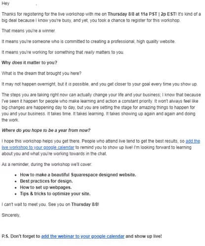 A web design webinar invitation set in plain type, with bold and italics marking the key lines