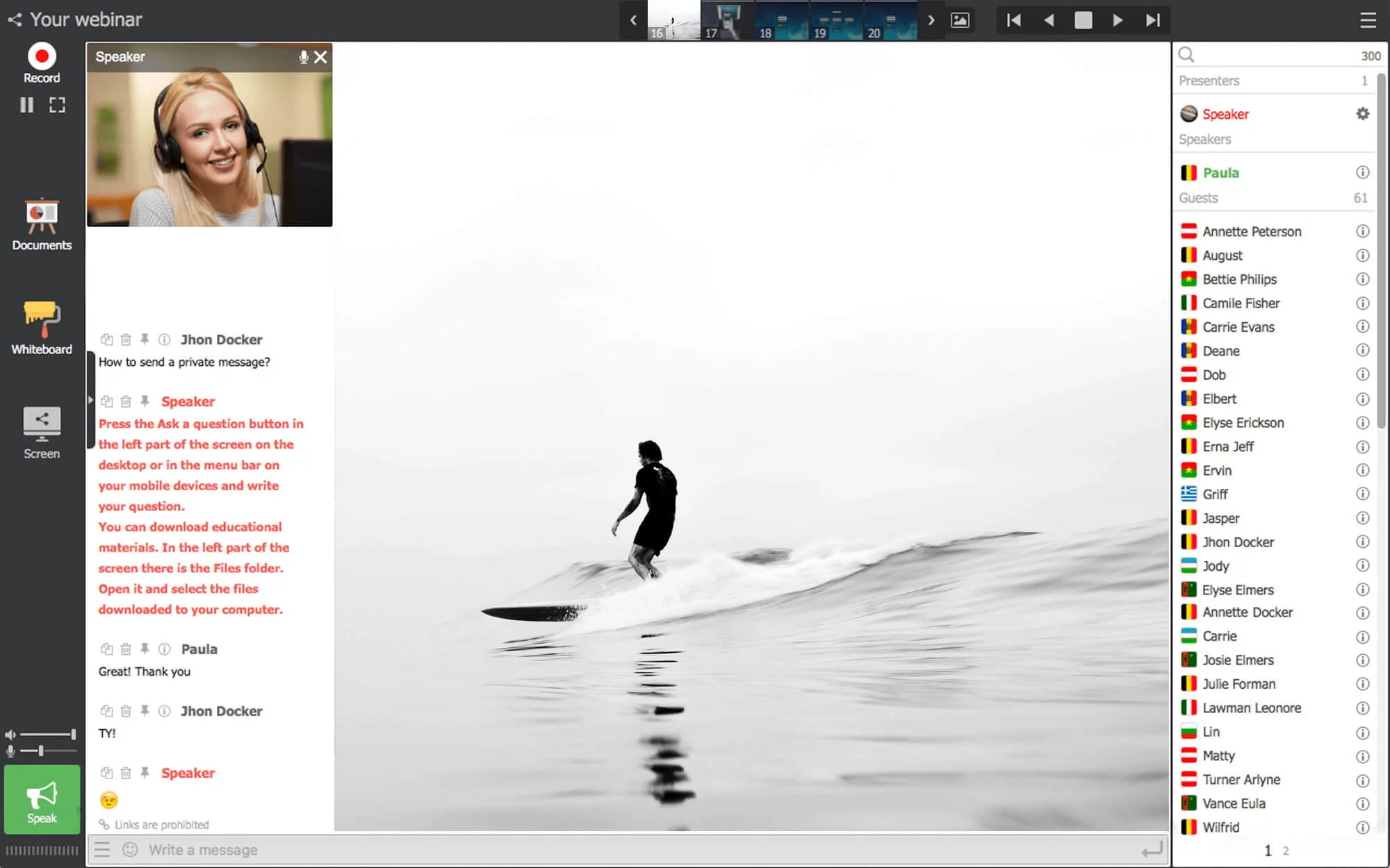 Abstract user interface of a webinar software