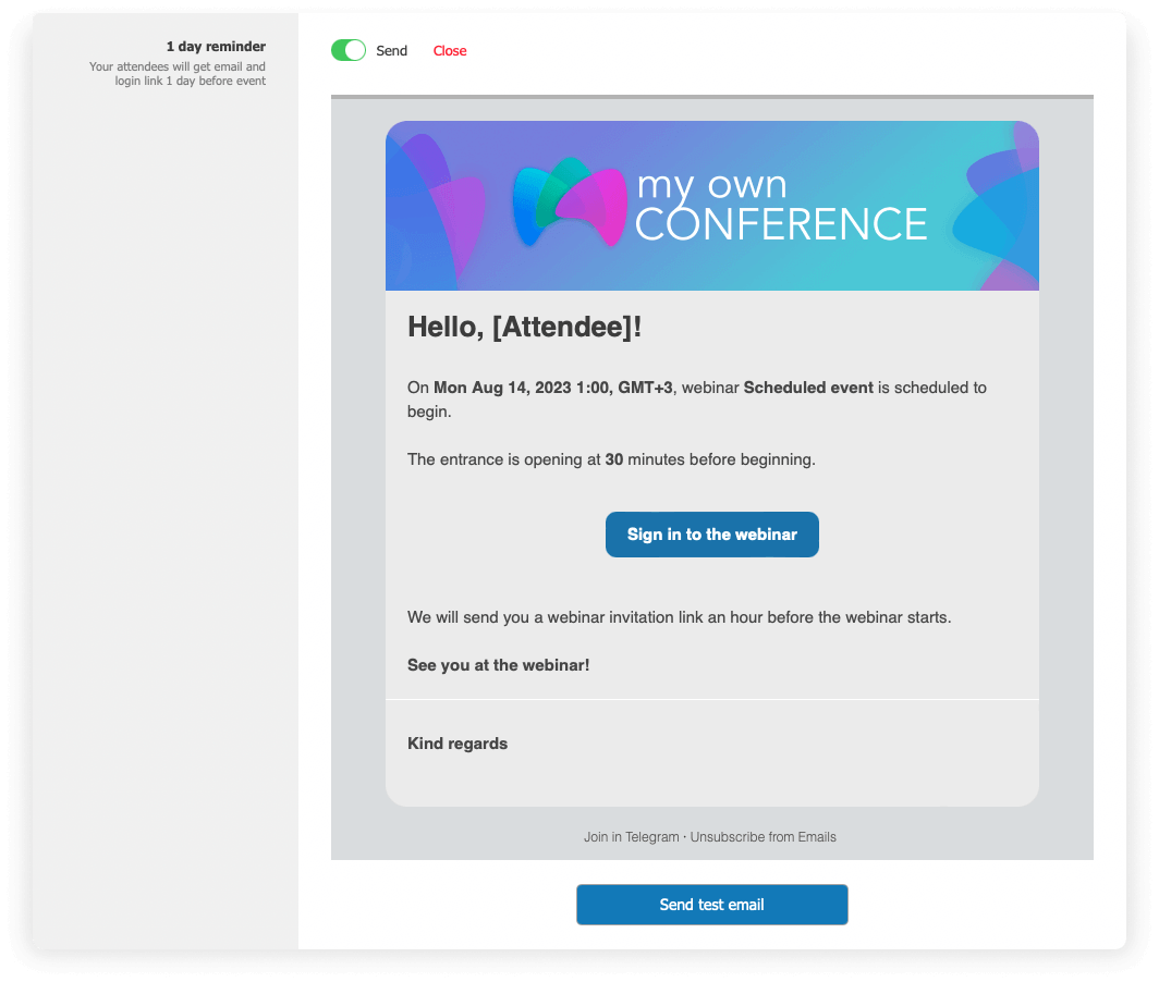 Электронное письмо-напоминание перед вебинаром