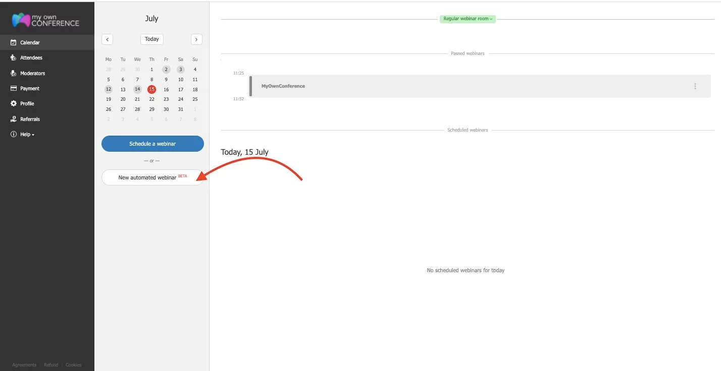 Dashboard interface of an automated webinar platform with scheduling and analytics tools