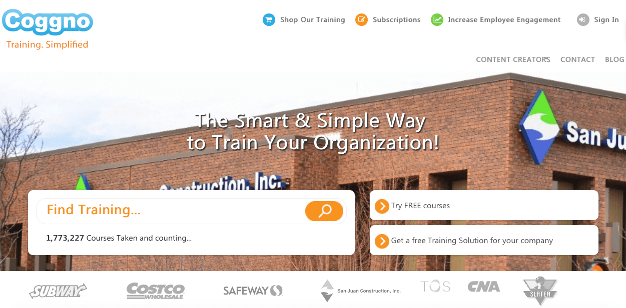 The Coggno home page with a training search box, a course counter and a row of customer logos below